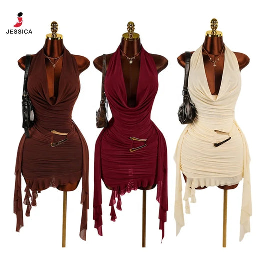 Women’s Deep V-Neck Backless Ruffle Mini Dress