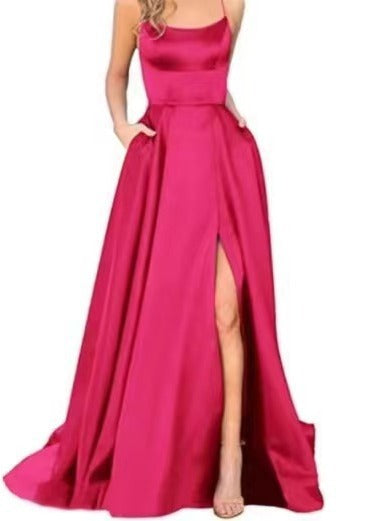 2023 Amazon European and American cross-border new bridesmaid dress long dress small tail strap solid color banquet evening dress