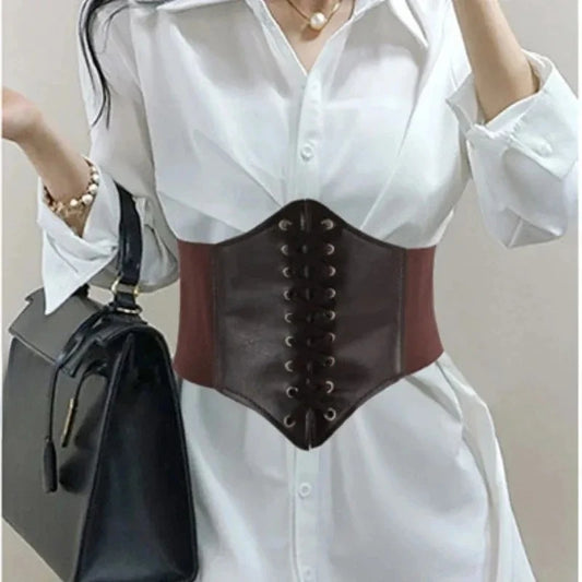 Women's Corset Belt Gothic Fashion PU Leather Female Lace-up Corset Belts Slimming Waist Vintage Corset Black Wide Belt for Girl