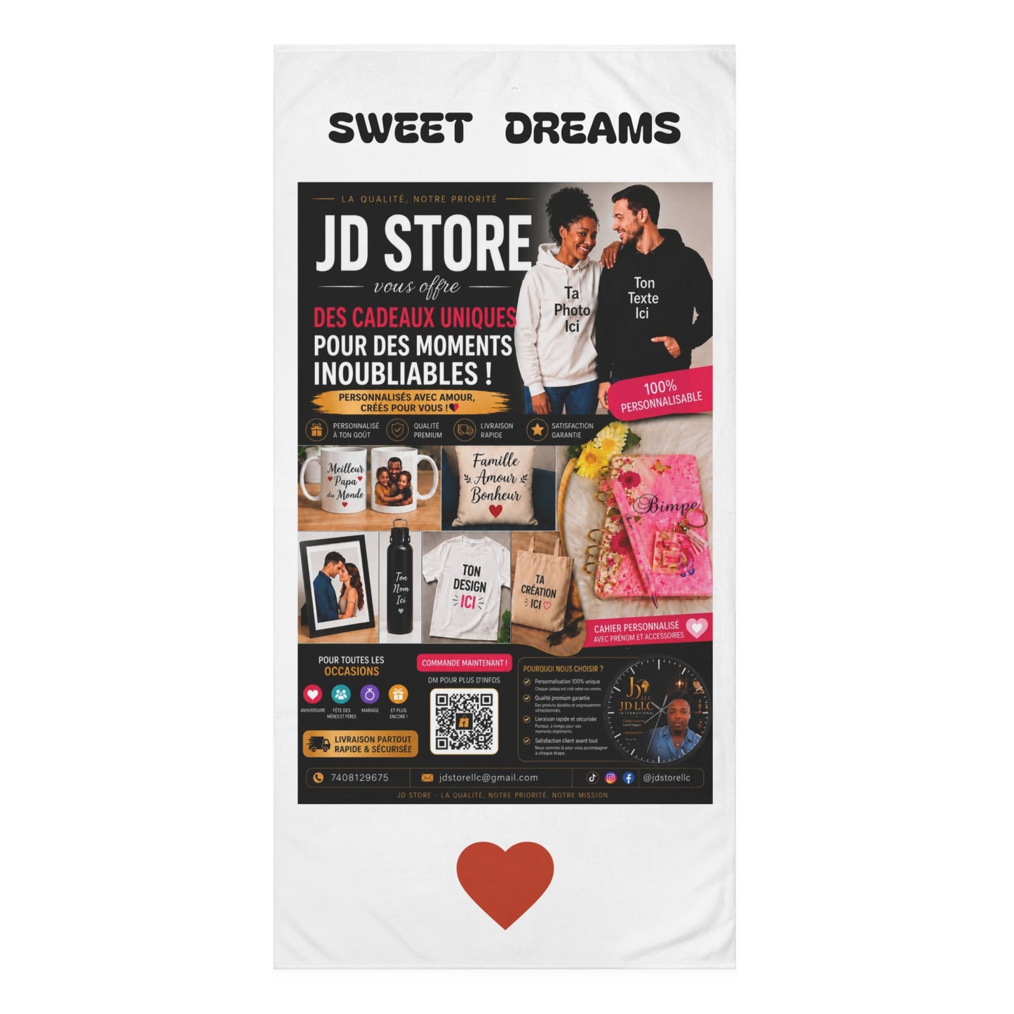 Mink-Cotton Towel – Sweet Dreams Printed Beach/Bath Towel with Heart Accent
