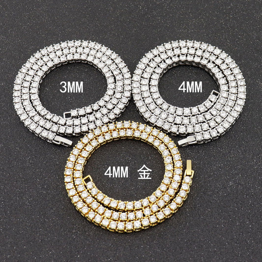 Cross-Border European and American Single-Row Diamond Hip-Hop Necklace 3mm 4 5mm Rhinestone Tennis Chain Unisex Tennis Chain Jewelry