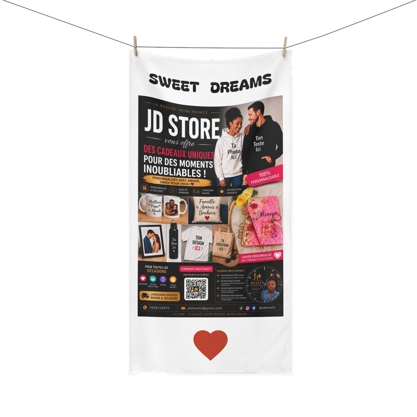 Mink-Cotton Towel – Sweet Dreams Printed Beach/Bath Towel with Heart Accent