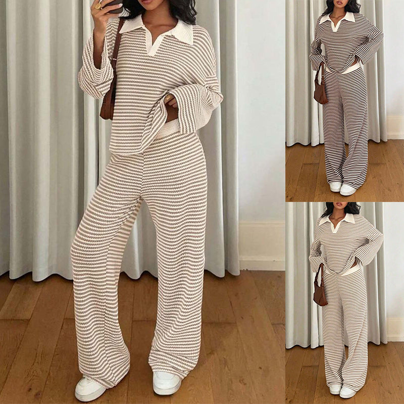 Long sleeved contrasting striped wide leg pants set