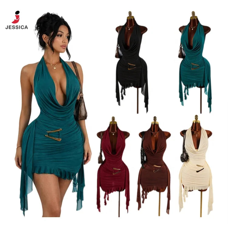 Women’s Deep V-Neck Backless Ruffle Mini Dress