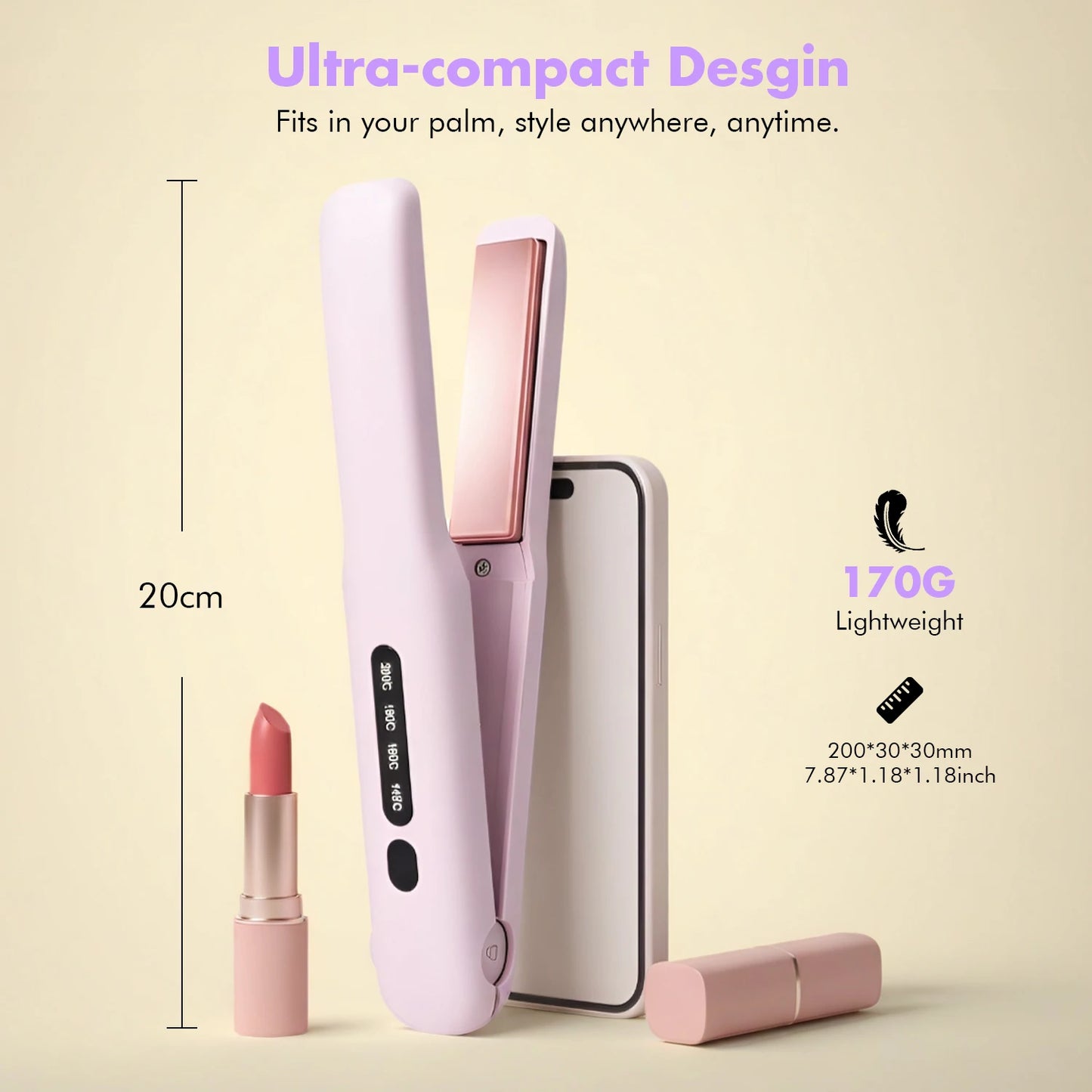 3200mAh Electric Cordless Ceramic Flat Iron Hair Straightener 4-Speed Temperature Adjustment USB Charging Portable Hair Curler