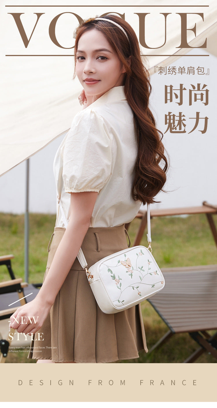 2024 New Embroidered Shoulder Bag Women's Bag Summer Fresh and Cute Flower Crossbody Bag Butterfly Decorative Camera Bag