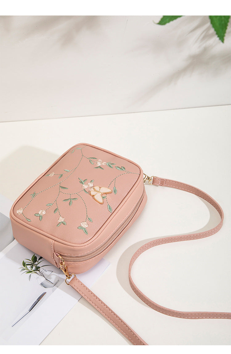 2024 New Embroidered Shoulder Bag Women's Bag Summer Fresh and Cute Flower Crossbody Bag Butterfly Decorative Camera Bag