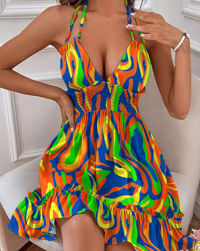 Women’s Deep V-Neck Pleated Summer Mini Dress
