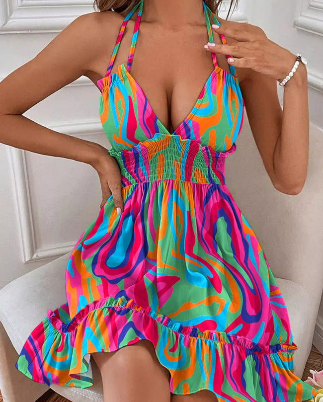 Women’s Deep V-Neck Pleated Summer Mini Dress