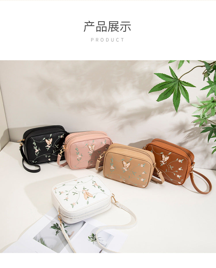 2024 New Embroidered Shoulder Bag Women's Bag Summer Fresh and Cute Flower Crossbody Bag Butterfly Decorative Camera Bag