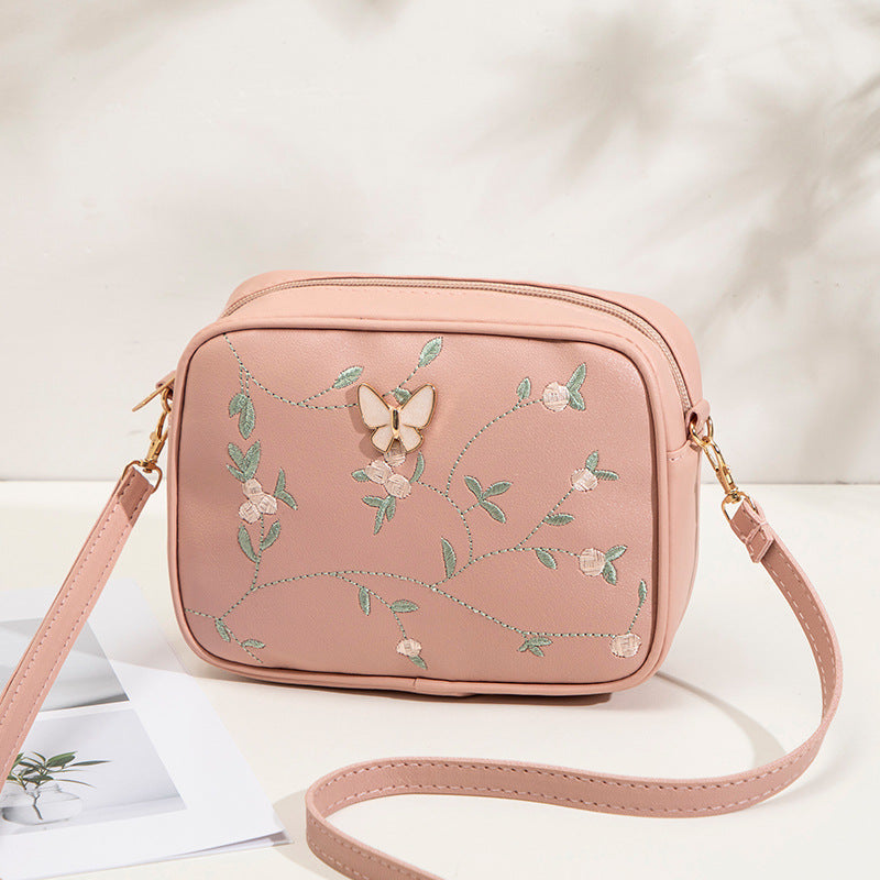 2024 New Embroidered Shoulder Bag Women's Bag Summer Fresh and Cute Flower Crossbody Bag Butterfly Decorative Camera Bag