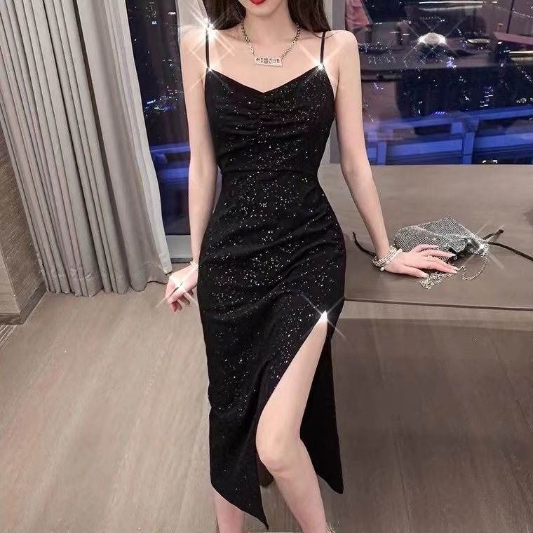 Women’s Elegant Black Split Midi Dress