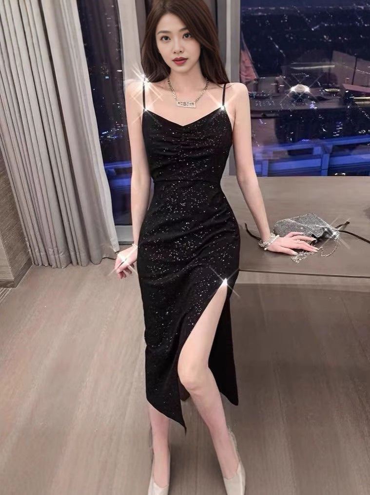 Women’s Elegant Black Split Midi Dress