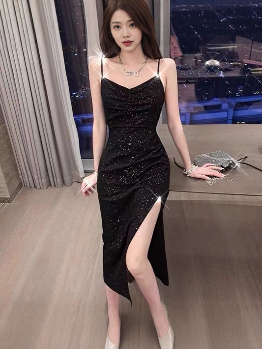 Women’s Elegant Black Split Midi Dress