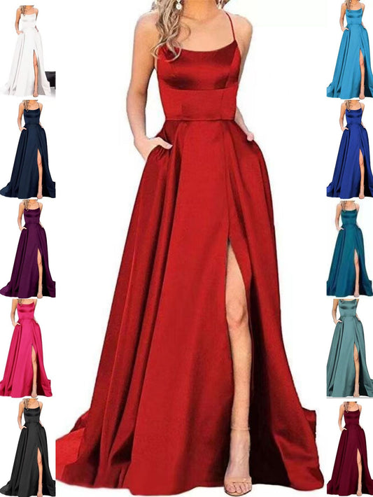 2023 Amazon European and American cross-border new bridesmaid dress long dress small tail strap solid color banquet evening dress