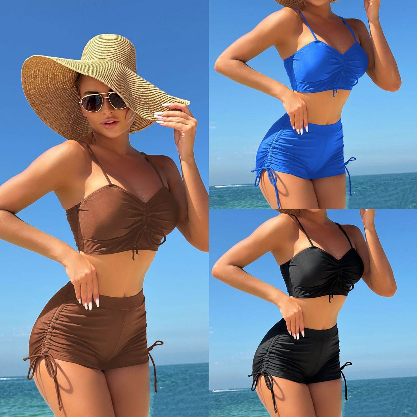 2025 European and American New Pure Color Split Conservative Boxer Briefs Chest Mid-Pants Side Drawstring Swimsuit Swimsuit Cross-Border Temu