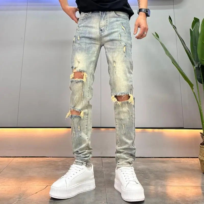 Knees Ripped Jeans Men's Trendy Brand Thin Summer Handsome Retro Old Slim-fitting Small Feet Trousers Streetwear Cargo Pants Men
