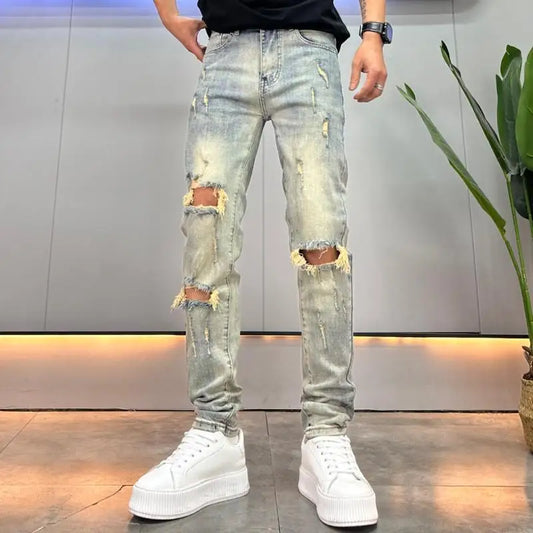 Knees Ripped Jeans Men's Trendy Brand Thin Summer Handsome Retro Old Slim-fitting Small Feet Trousers Streetwear Cargo Pants Men