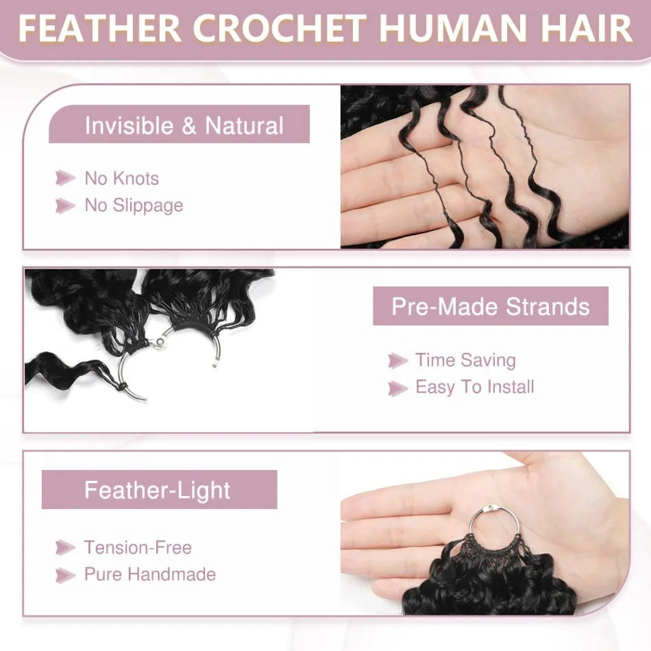 Deep Wave Knotless Pre-Separated Crochet Hair Extensions Human Hair Wigs Loose Wave Natural Black Feather Extension 1/3/4Bundles