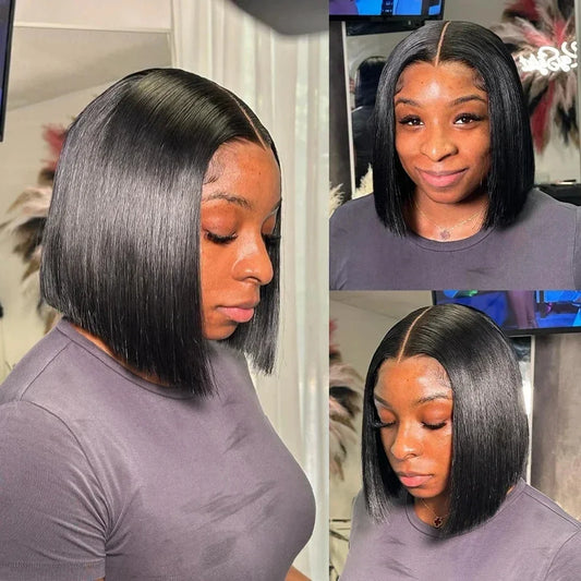 220% Density Bob Wigs Straight Human Hair Lace Front Wigs 13x4 Bob Brazilian Remy Hair Pre-plucked Lace Front Wigs 16 inch