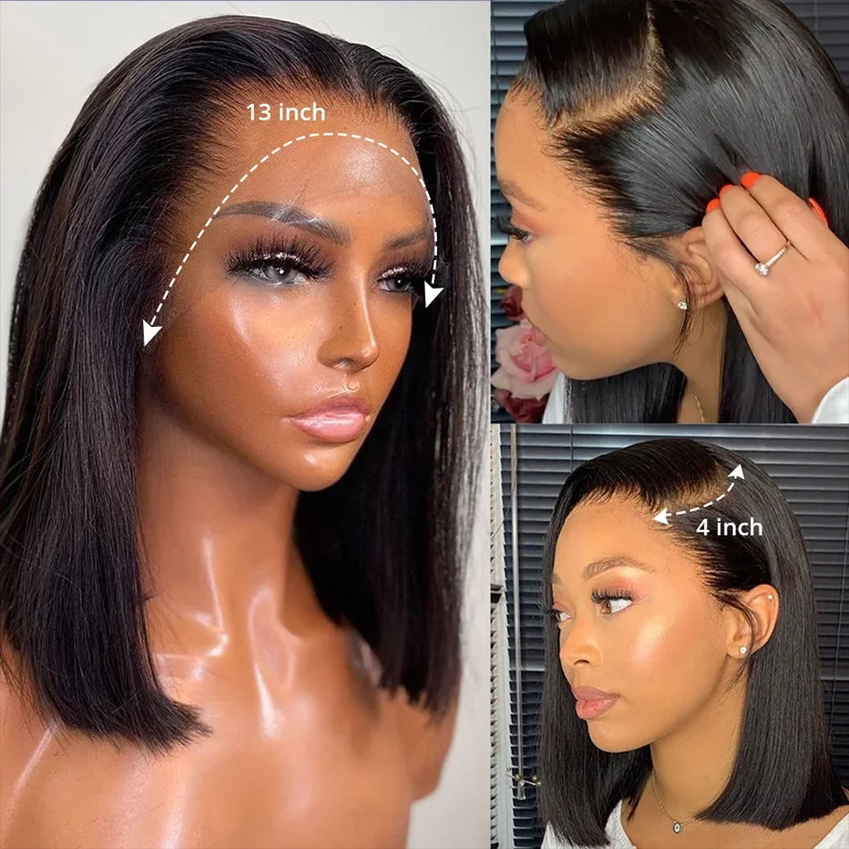 220% Density Bob Wigs Straight Human Hair Lace Front Wigs 13x4 Bob Brazilian Remy Hair Pre-plucked Lace Front Wigs 16 inch