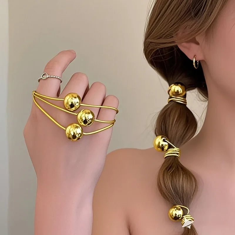4pcs Golden Silvery Ball Elastic Headbands Set Korean Ponytail Hair Rings Elegant Party Casual Hairstyles for Women Girls