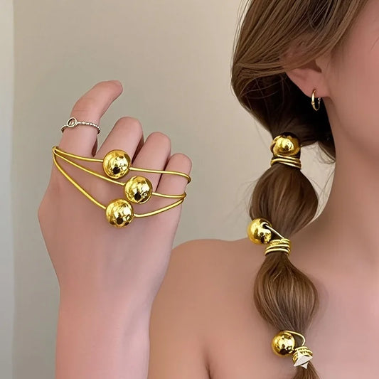 4pcs Golden Silvery Ball Elastic Headbands Set Korean Ponytail Hair Rings Elegant Party Casual Hairstyles for Women Girls