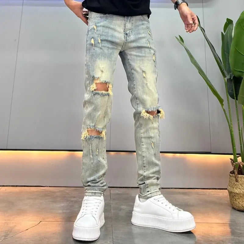 Knees Ripped Jeans Men's Trendy Brand Thin Summer Handsome Retro Old Slim-fitting Small Feet Trousers Streetwear Cargo Pants Men