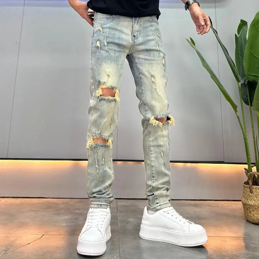 Knees Ripped Jeans Men's Trendy Brand Thin Summer Handsome Retro Old Slim-fitting Small Feet Trousers Streetwear Cargo Pants Men