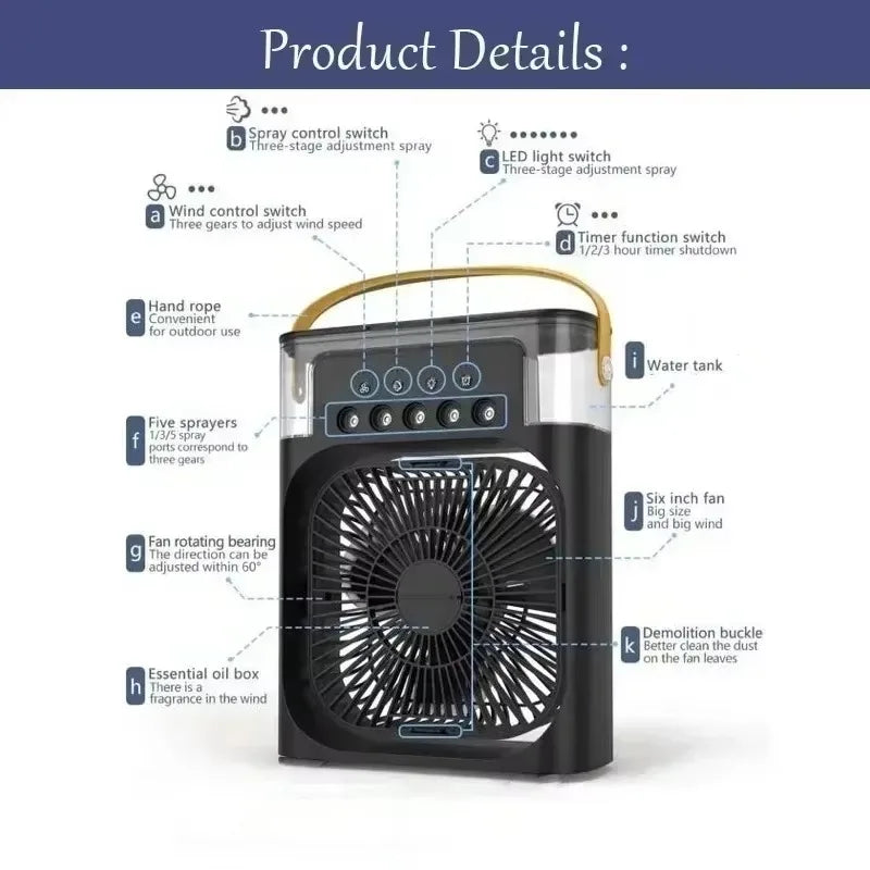 Fan Portable Air Cooler Conditioner Humidifier with 500mL Water Tank Quite Mist Water Spray Fan for Home Room Camping Car Office