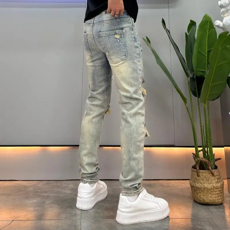 Knees Ripped Jeans Men's Trendy Brand Thin Summer Handsome Retro Old Slim-fitting Small Feet Trousers Streetwear Cargo Pants Men