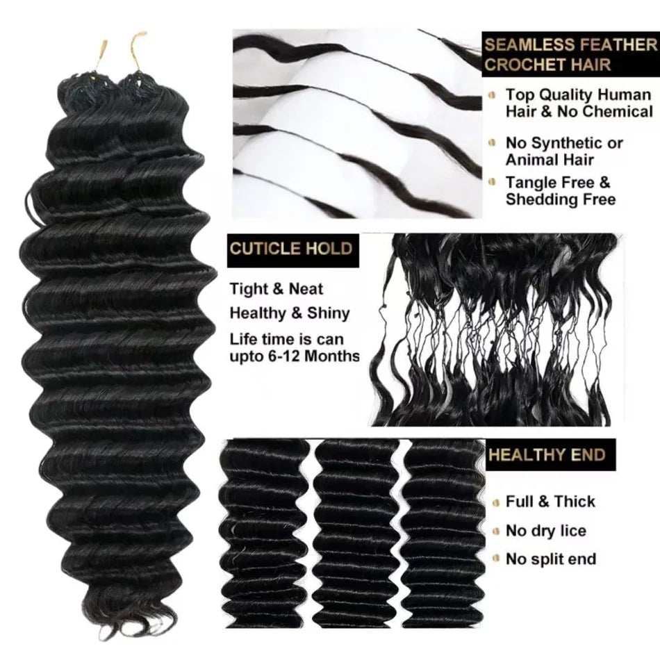 Deep Wave Knotless Pre-Separated Crochet Hair Extensions Human Hair Wigs Loose Wave Natural Black Feather Extension 1/3/4Bundles