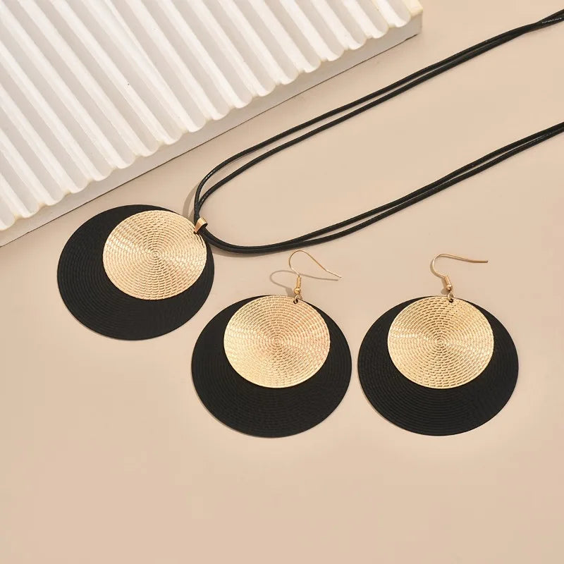 3pc/set Large Round Earrings Collar Necklace Set for Women Exaggerated PU Rope Chains Metal Geometric Pendant Necklace Jewelry