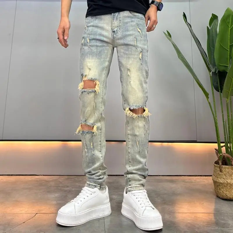 Knees Ripped Jeans Men's Trendy Brand Thin Summer Handsome Retro Old Slim-fitting Small Feet Trousers Streetwear Cargo Pants Men