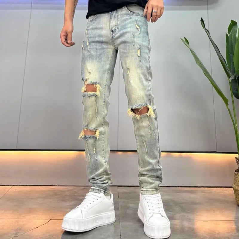 Knees Ripped Jeans Men's Trendy Brand Thin Summer Handsome Retro Old Slim-fitting Small Feet Trousers Streetwear Cargo Pants Men