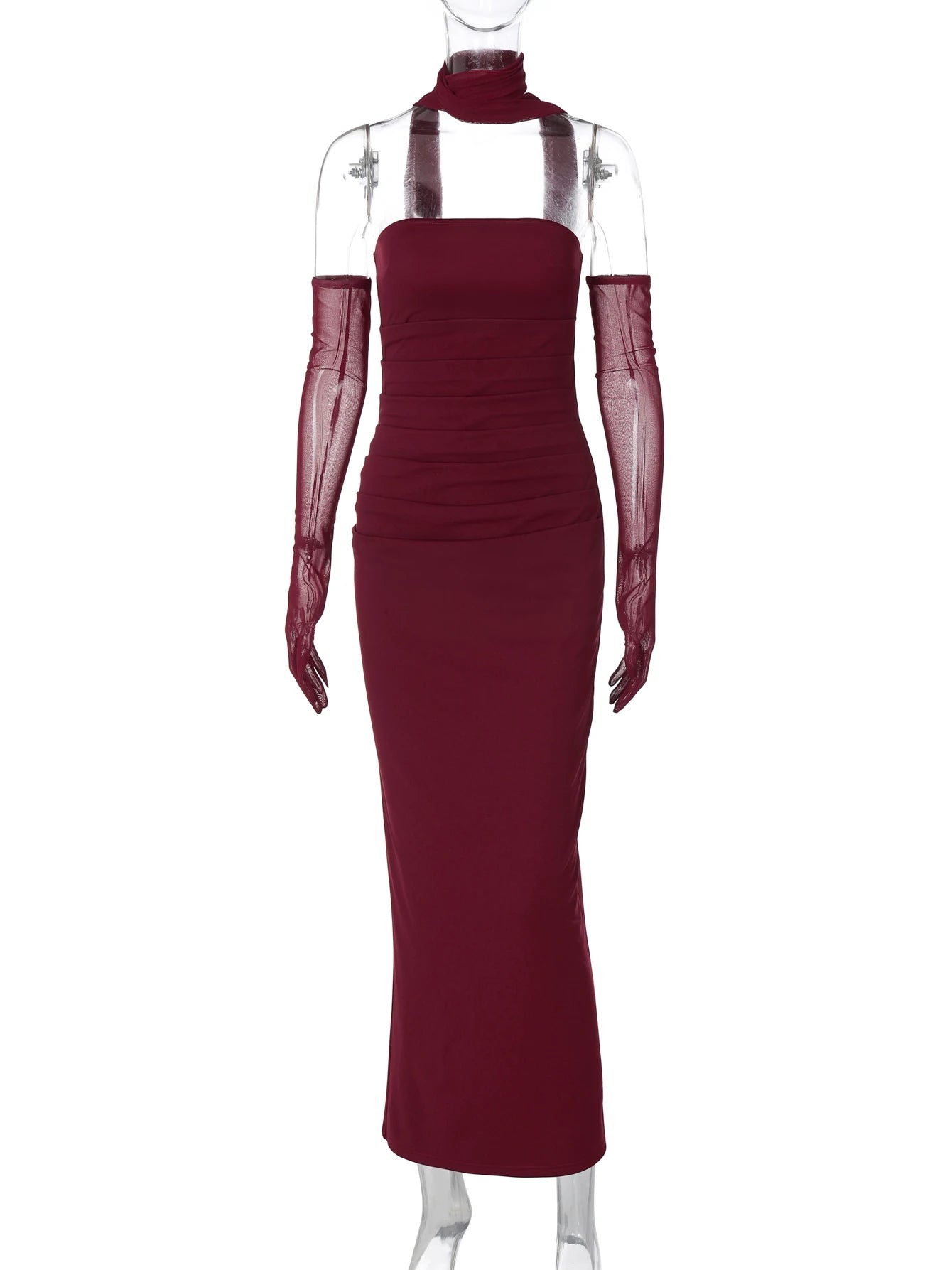 Hugcitar Elegant Scarf Strapless Solid Mesh Gloves Sexy Bodycon Maxi Prom Dress Women Fashion Y2K Outfits Wedding Party Birthday