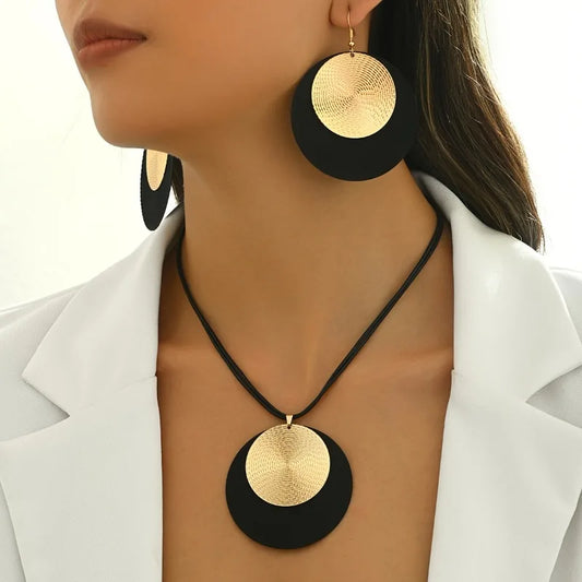 3pc/set Large Round Earrings Collar Necklace Set for Women Exaggerated PU Rope Chains Metal Geometric Pendant Necklace Jewelry